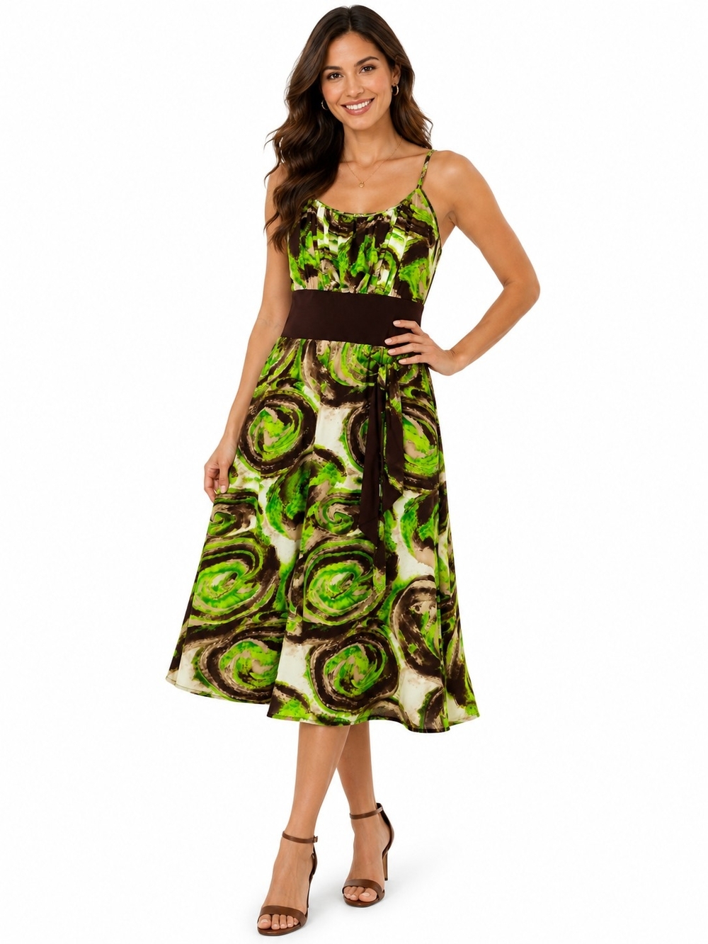 Vintage Y2K Just For Wraps Swirl Print Midi Sundress Empire Waist Green Brown XL